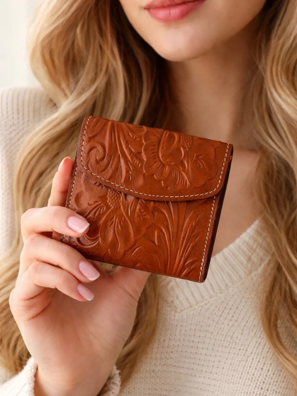 PATRICIA NASH Reiti Bi-Fold Tooled Cognac Brown Leather RFID Wallet NEW